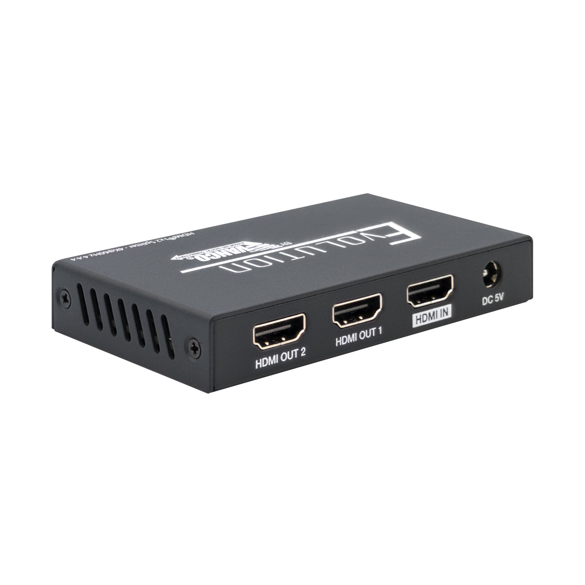 Back angle of the EVSP4K12 4K HDMI 1x2 Splitter with HDR.