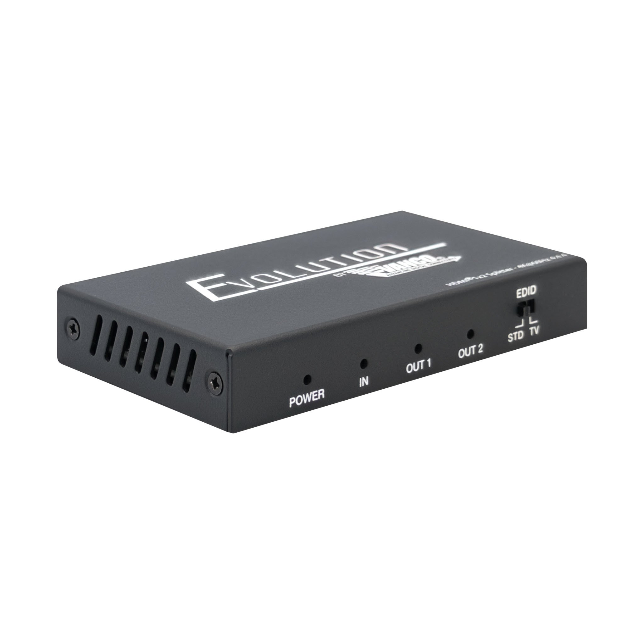 Front angle of the EVSP4K12 4K HDMI 1x2 Splitter with HDR.