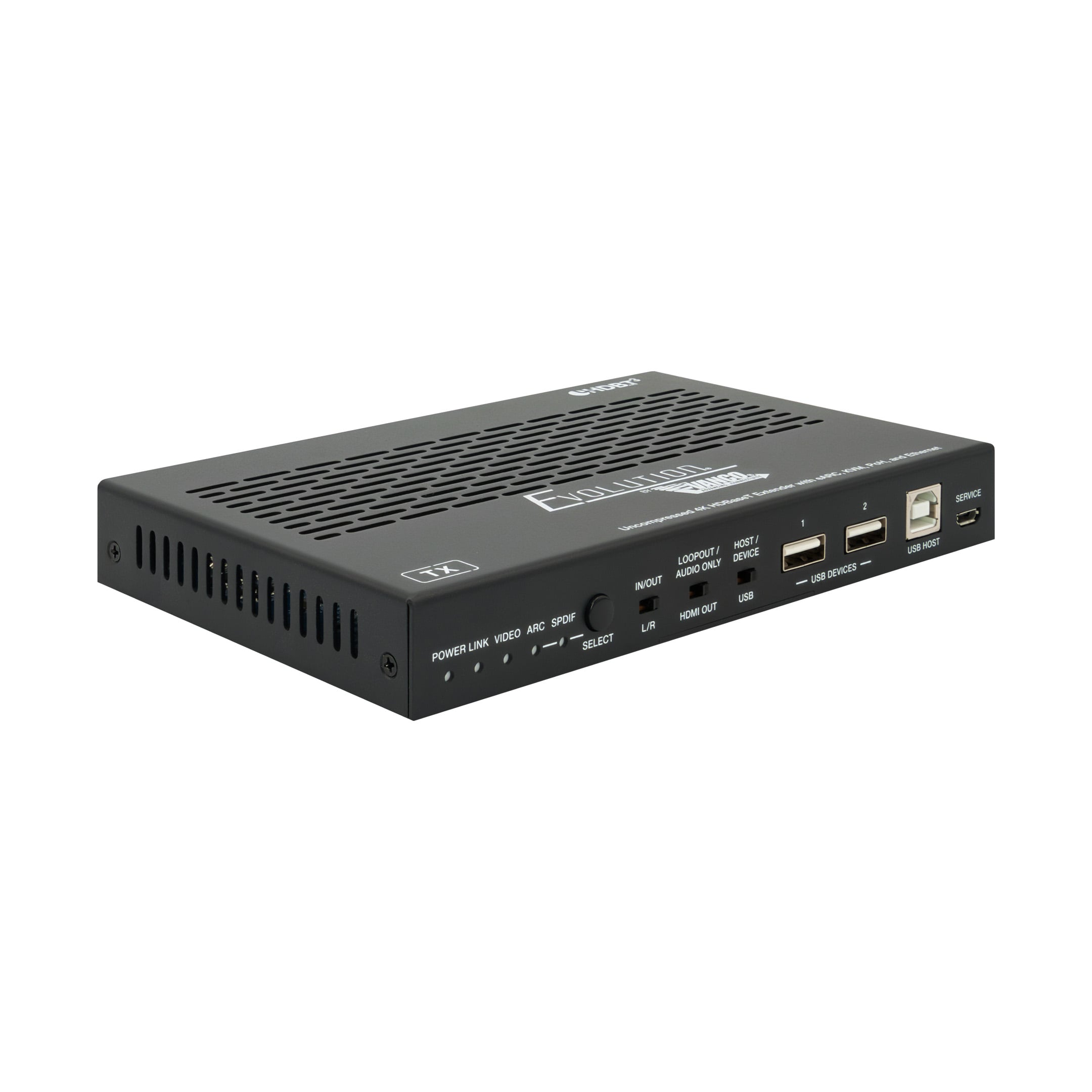EVEXHDB3-TX-front-angle Uncompressed 4k Hdbaset Extender With Earc, Kvm, Poh, And Ethernet