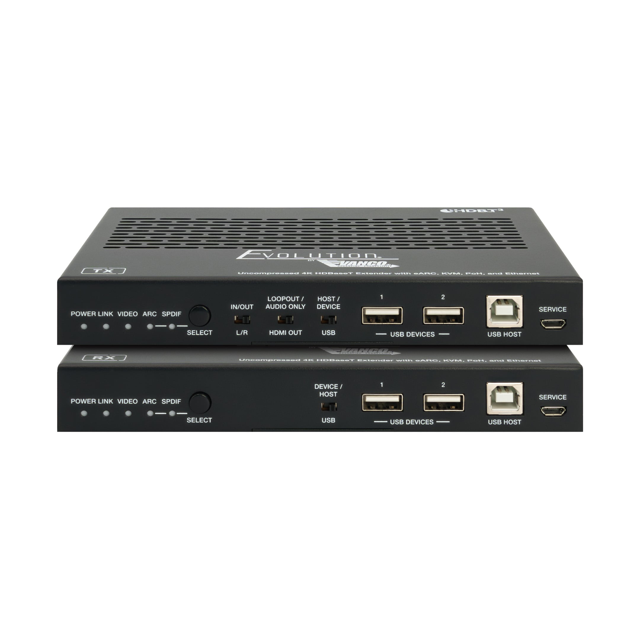 EVEXHDB3-stacked-hero Uncompressed 4k Hdbaset Extender With Earc, Kvm, Poh, And Ethernet - Hero