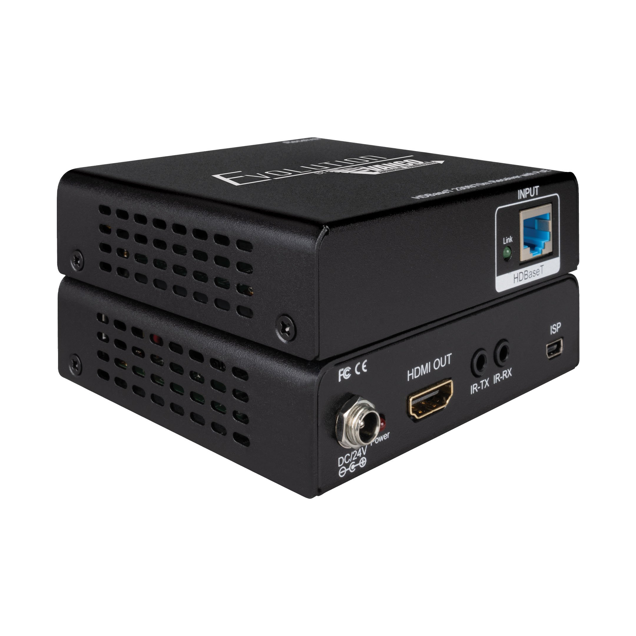 Front and back angle of the receiver for the Evolution by Vanco EVWP3000 HDBaseT Extender Set with Wall-Plate Transmitter.