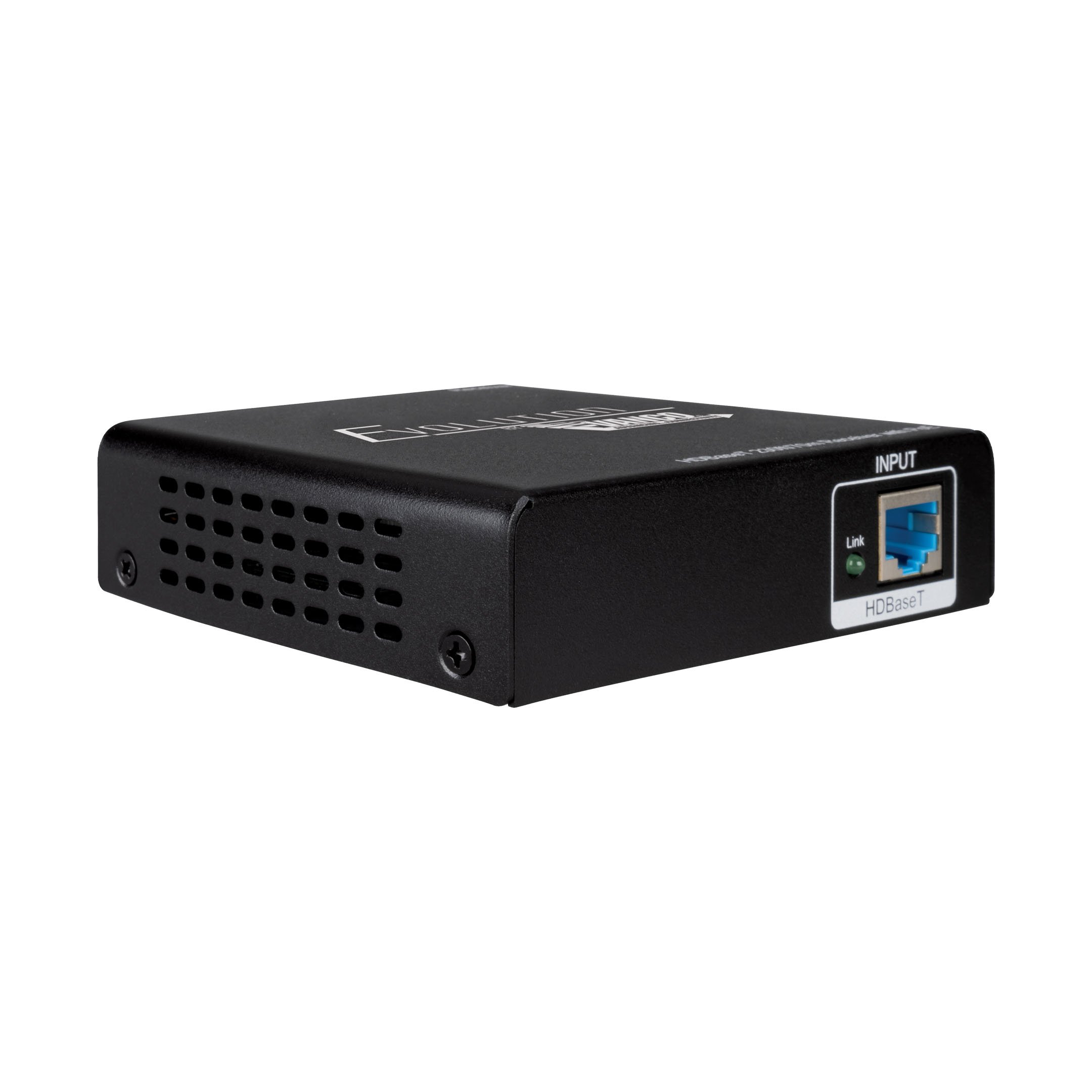Front angle of the receiver for the Evolution by Vanco EVWP3000 HDBaseT Extender Set with Wall-Plate Transmitter.