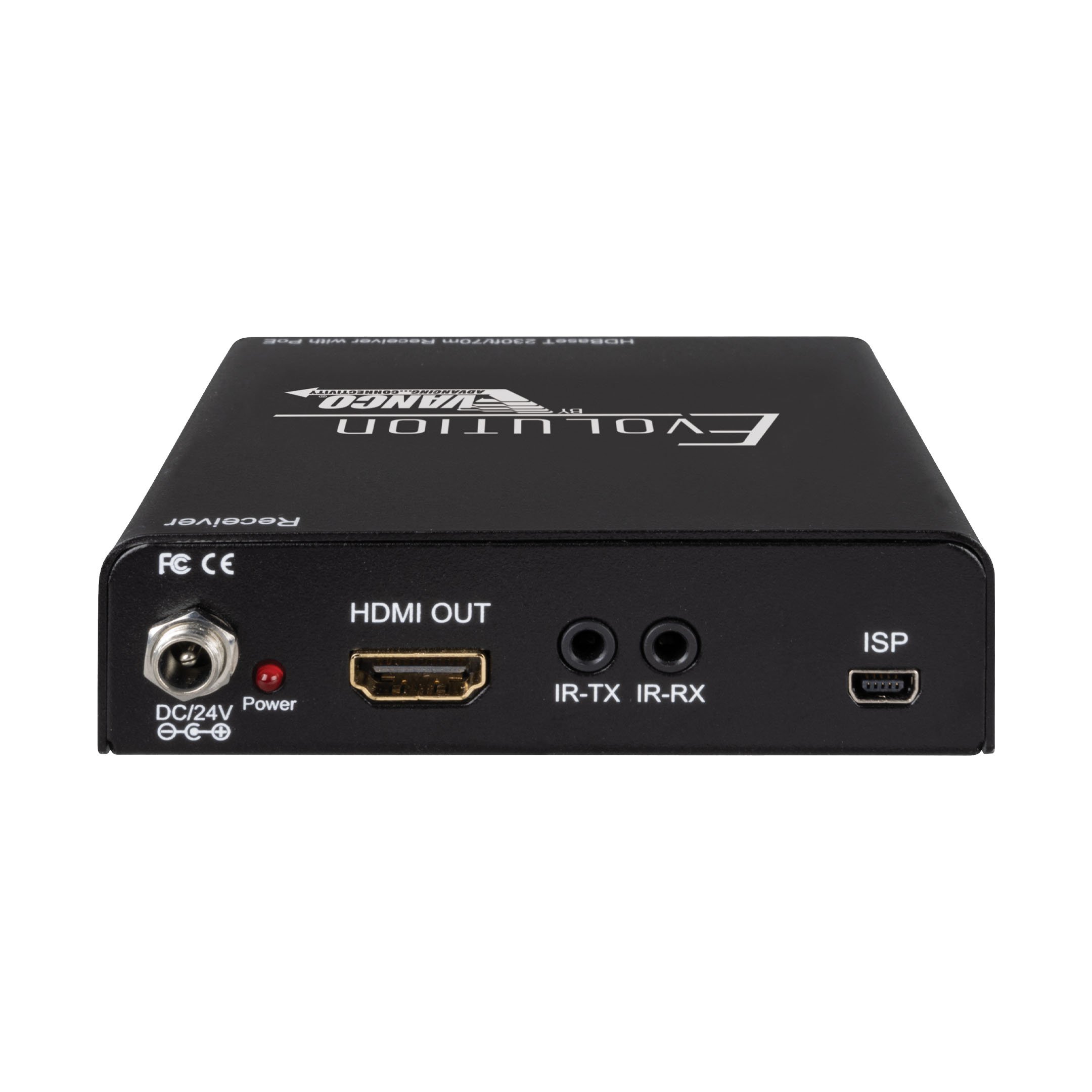 Back of the receiver for the Evolution by Vanco EVWP3000 HDBaseT Extender Set with Wall-Plate Transmitter.