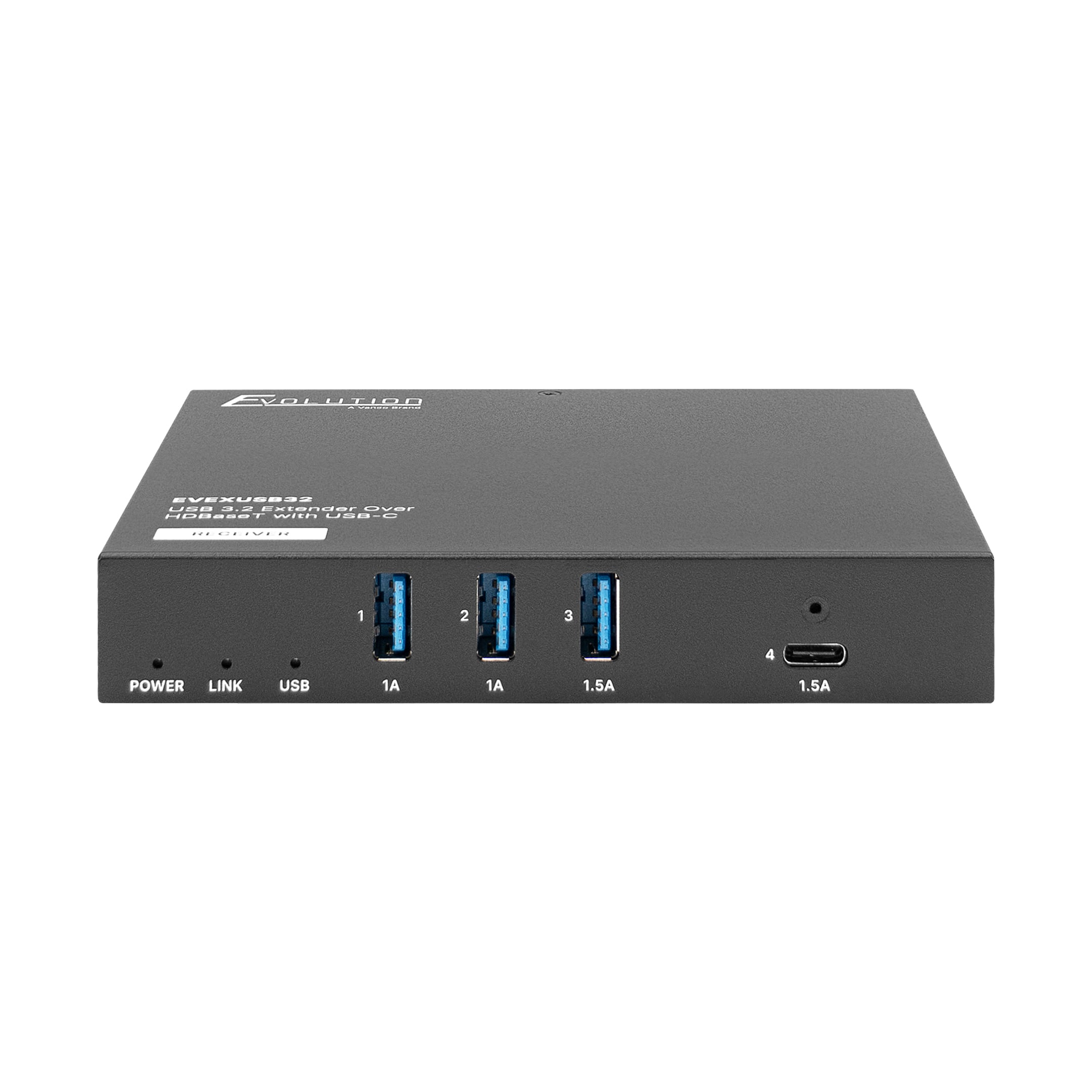 Front of the receiver for the Evolution by Vanco EVEXUSB32 USB 3.2 Extender Over HDBaseT with USB-C