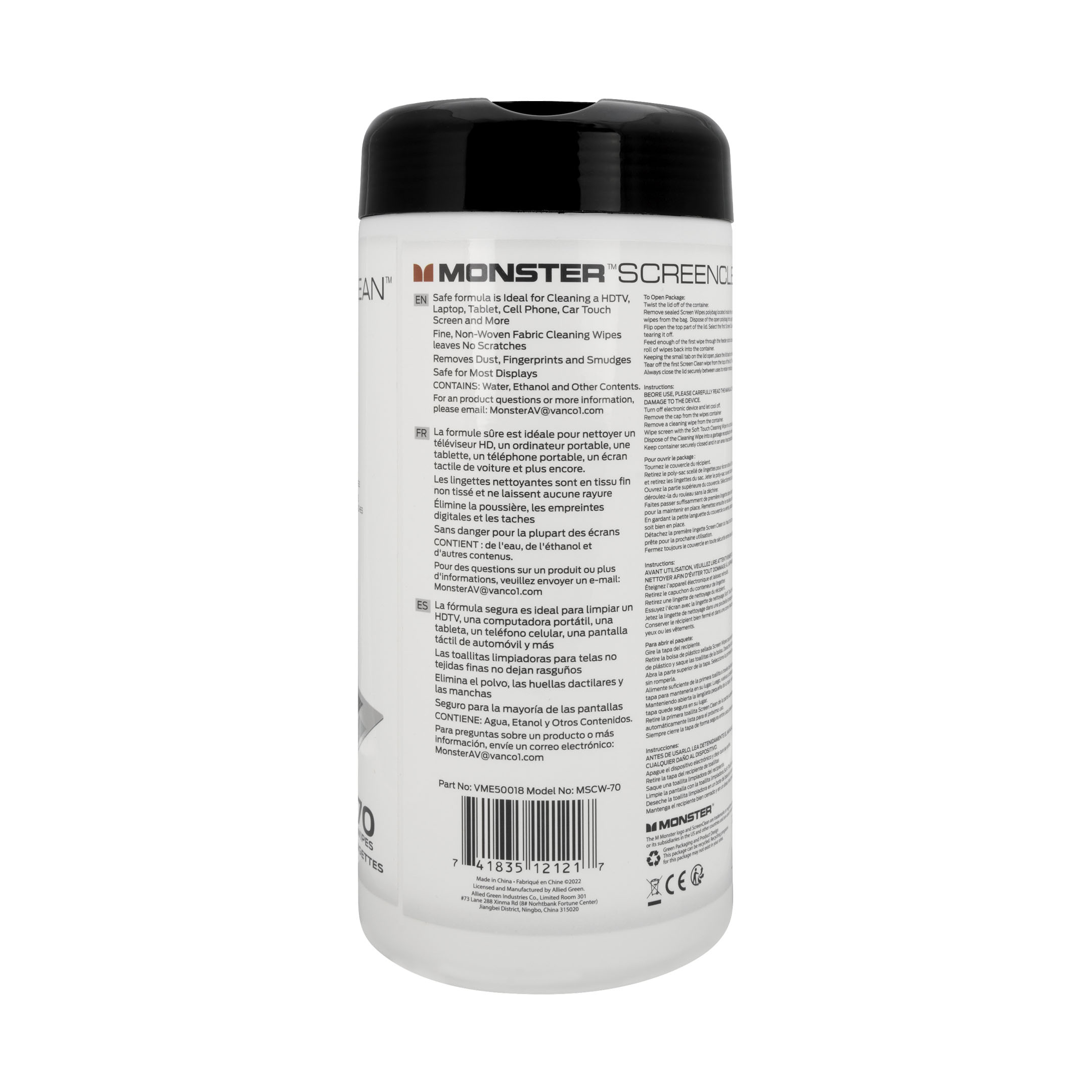 Back of the packaging for the Monster ScreenClean Soft Touch Wipes by Vanco.