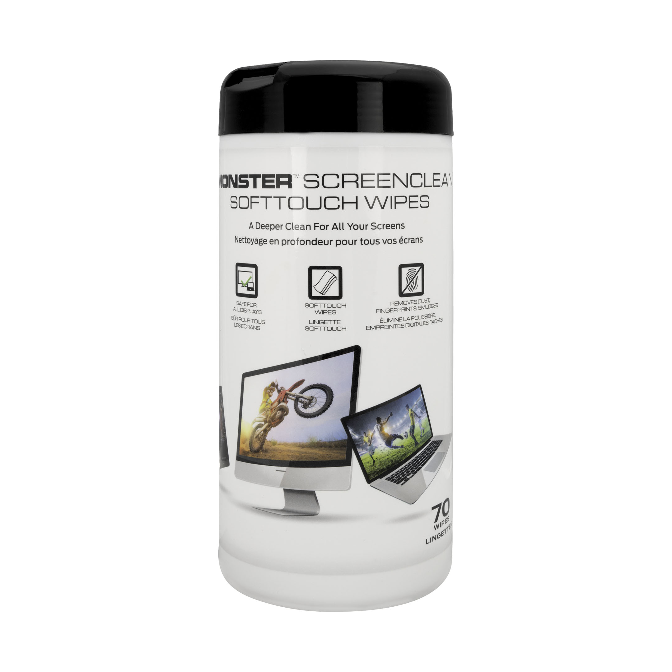 Front angle of the packaging for the Monster ScreenClean Soft Touch Wipes by Vanco.