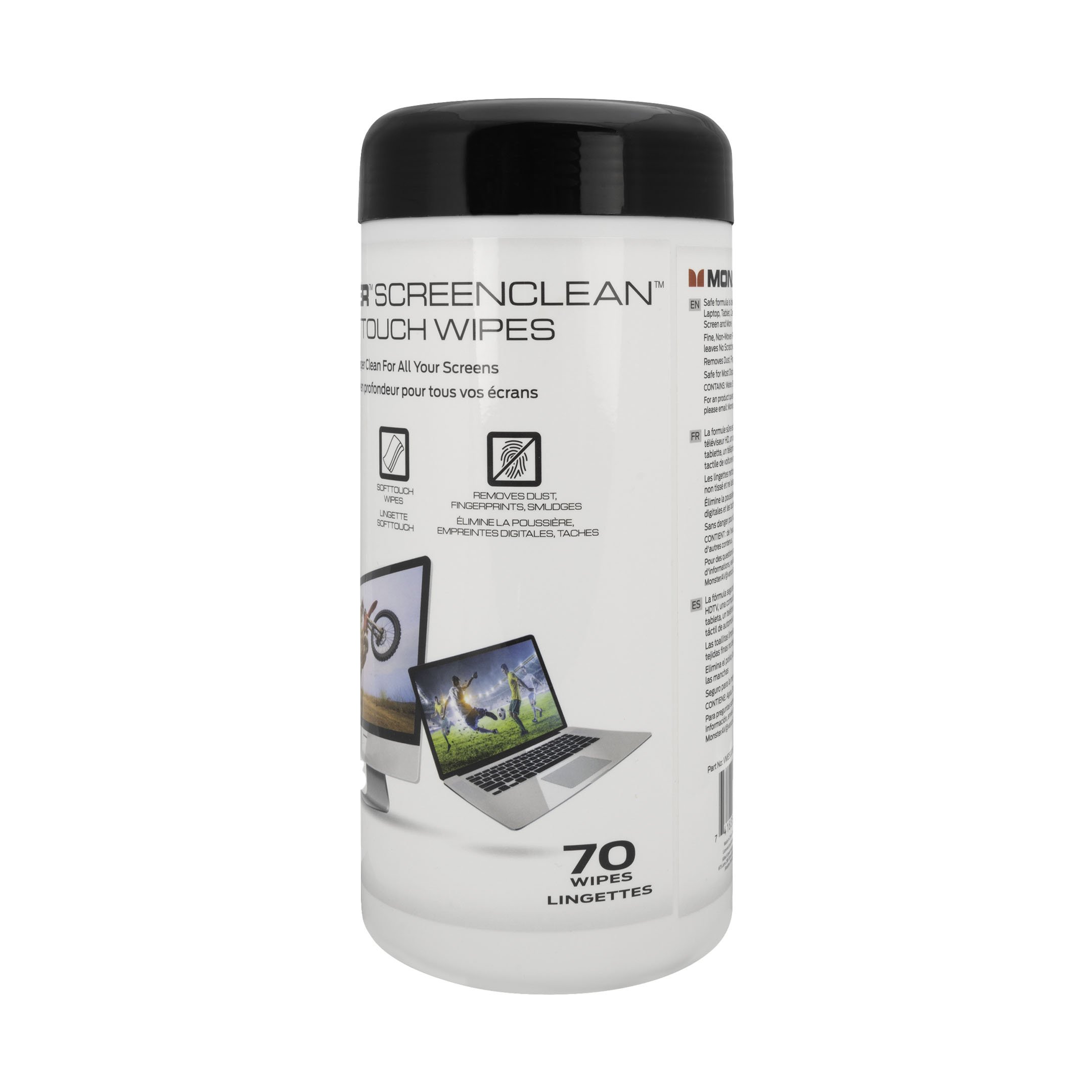 Front angle of the packaging for the Monster ScreenClean Soft Touch Wipes by Vanco.