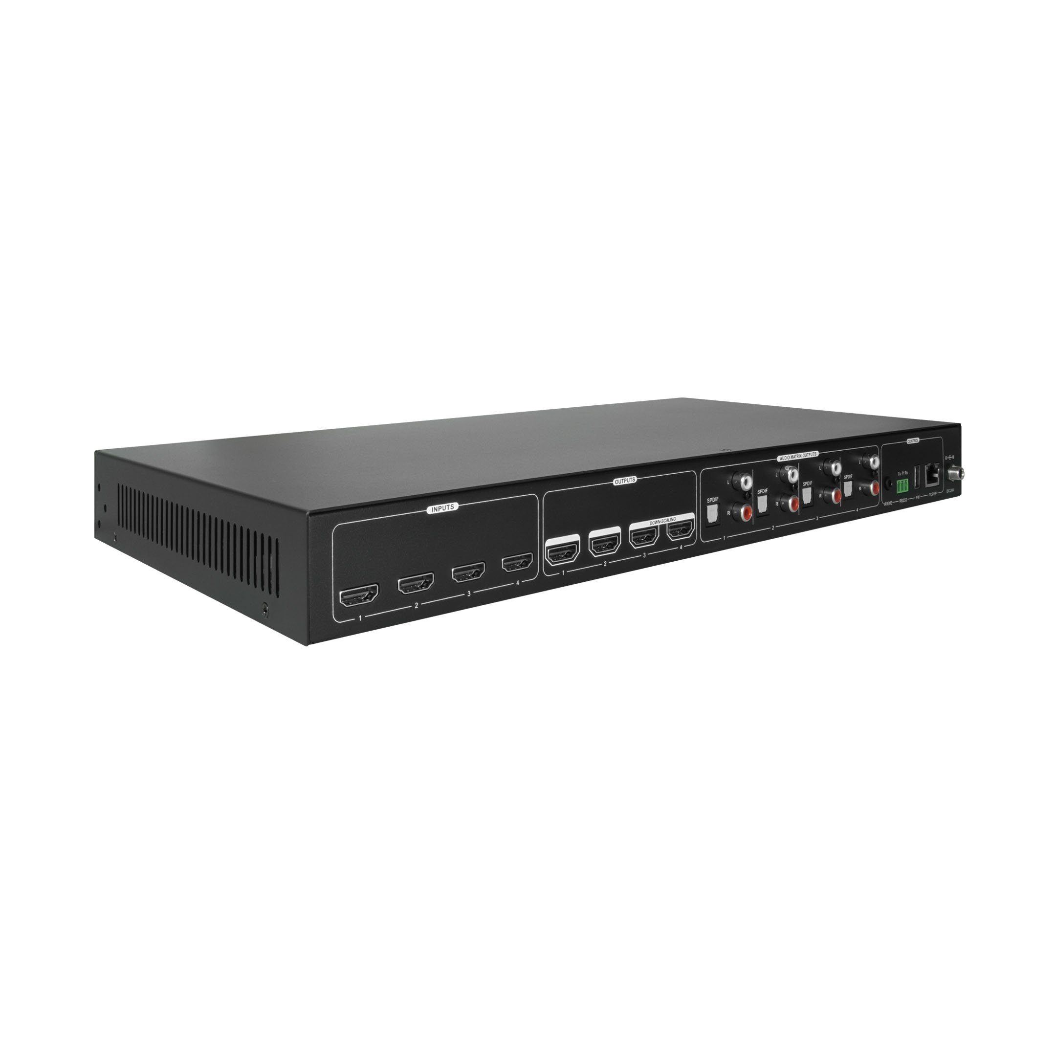 Back angle of the EVMX4K4A 4x4 4K HDMI matrix with downscaling and integrated audio matrix.