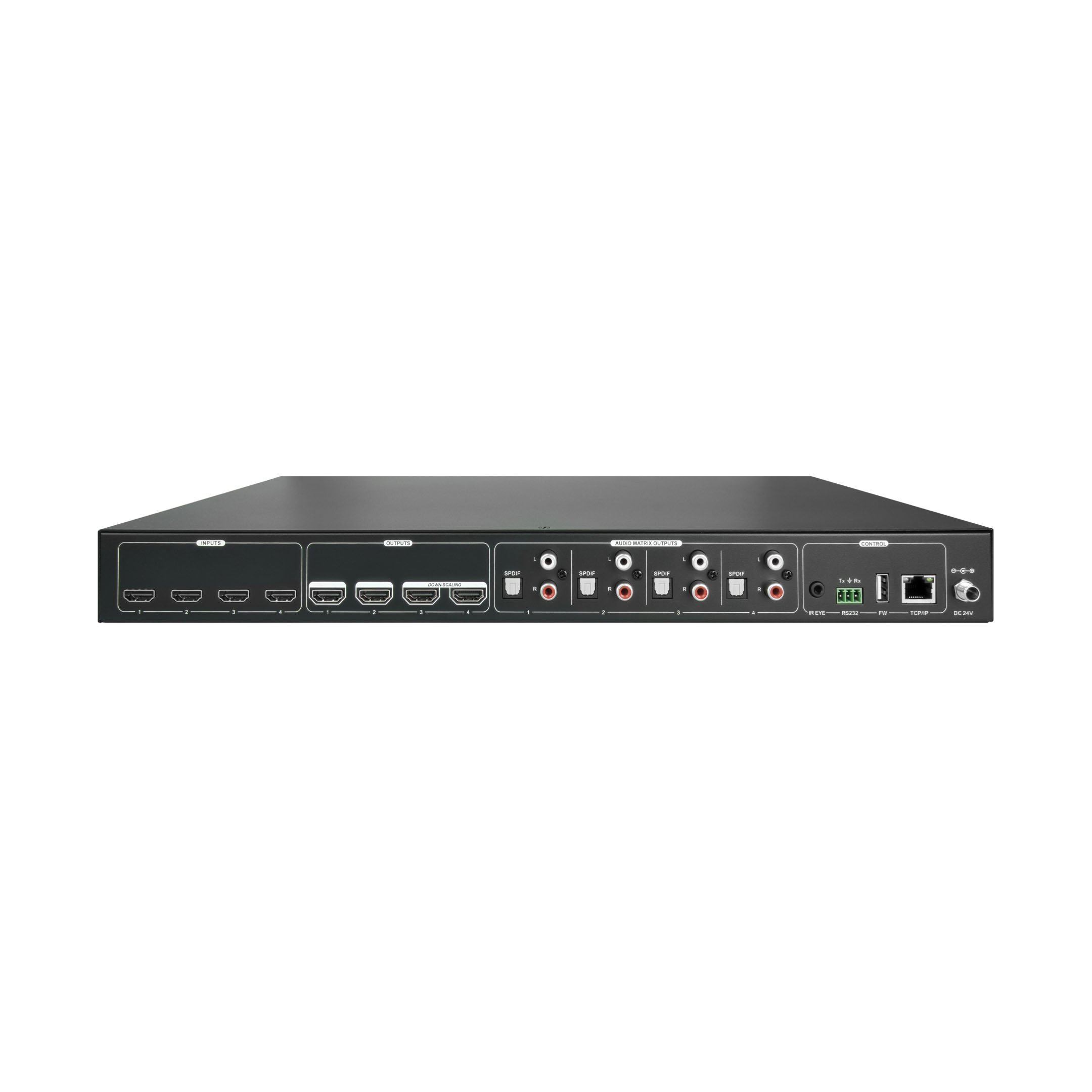 Back of the EVMX4K4A 4x4 4K HDMI matrix with downscaling and integrated audio matrix.