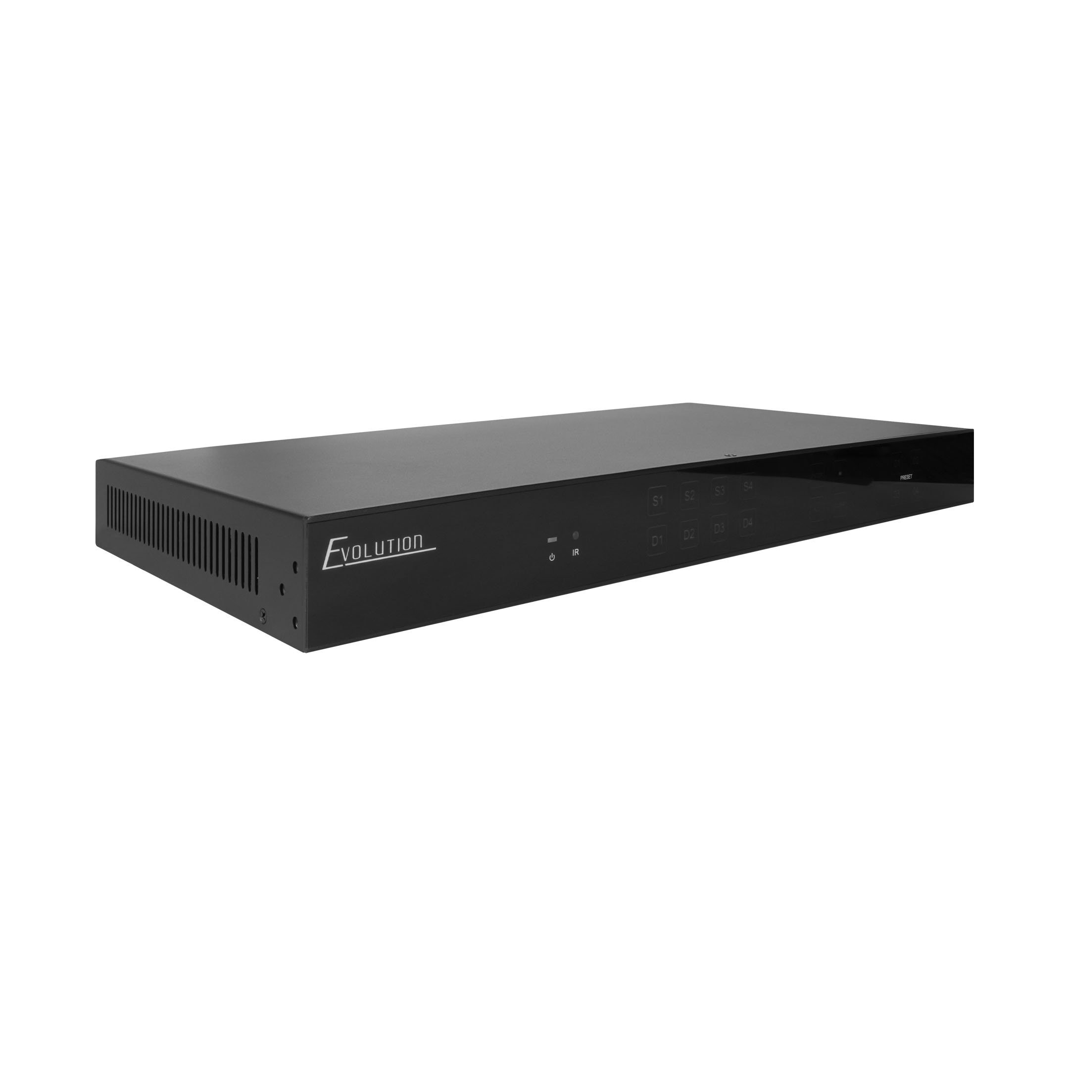 Front angle of the EVMX4K4A 4x4 4K HDMI matrix with downscaling and integrated audio matrix.