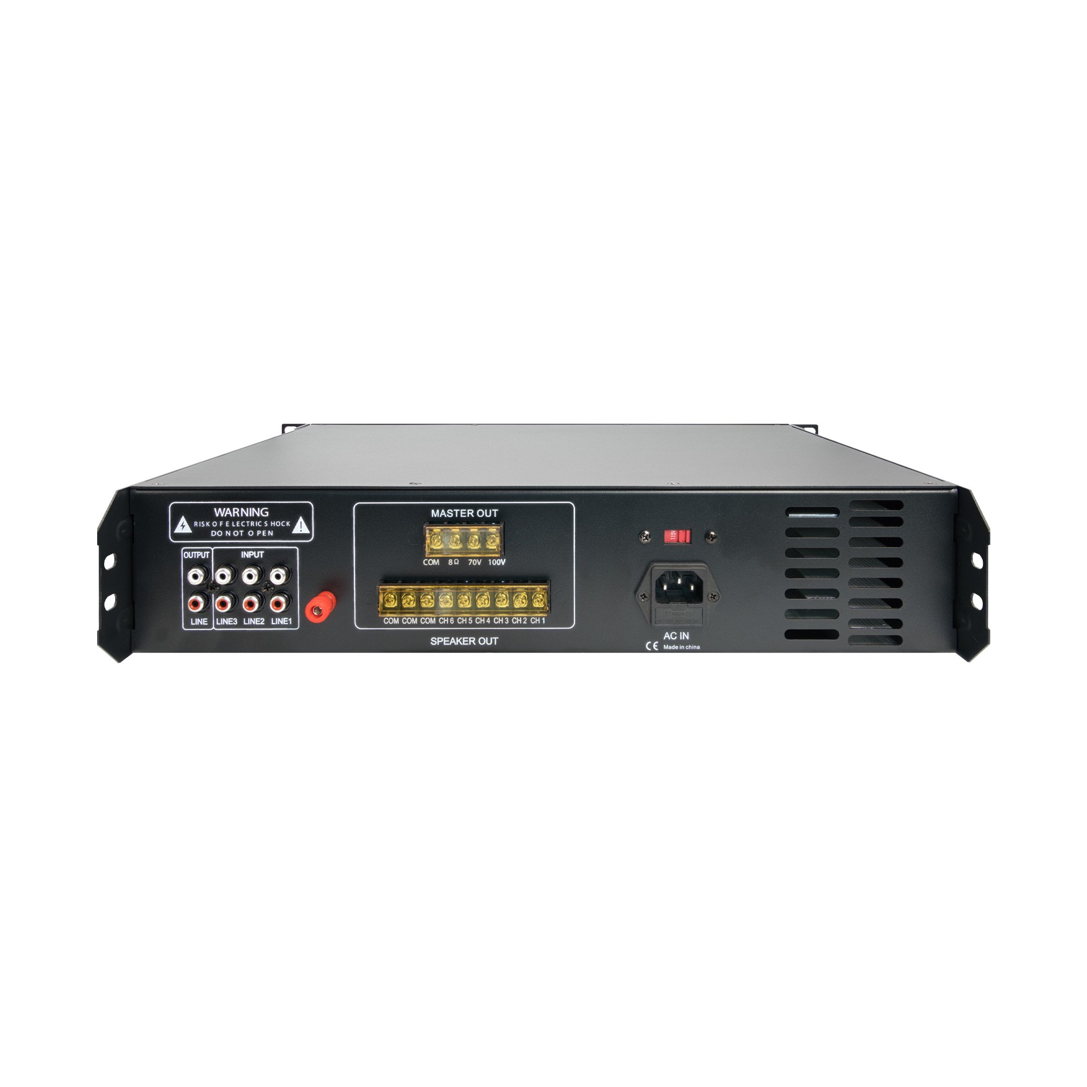 Back of the PA6X 6-channel commercial amplifier.