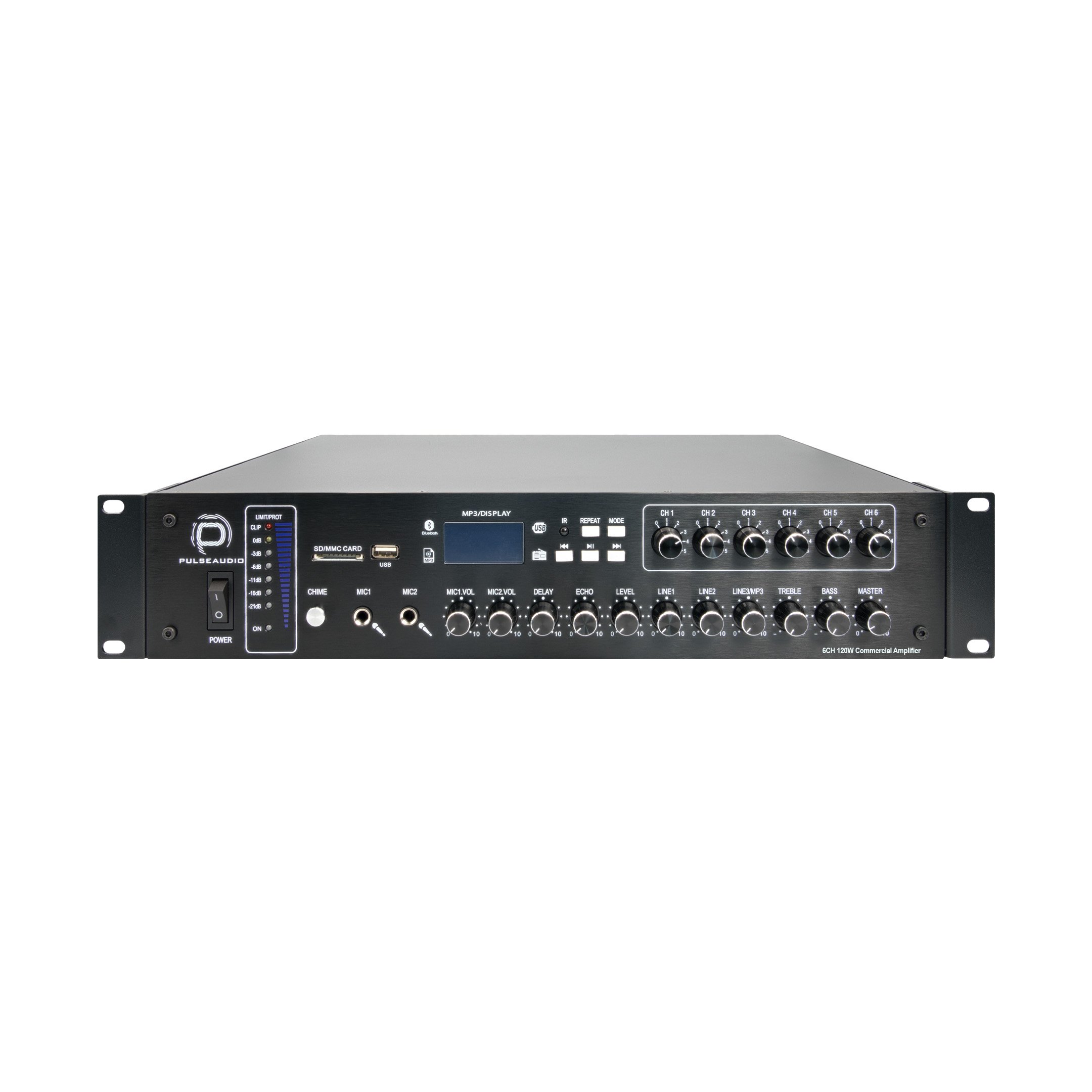 Front of the PA6X 6-channel commercial amplifier.