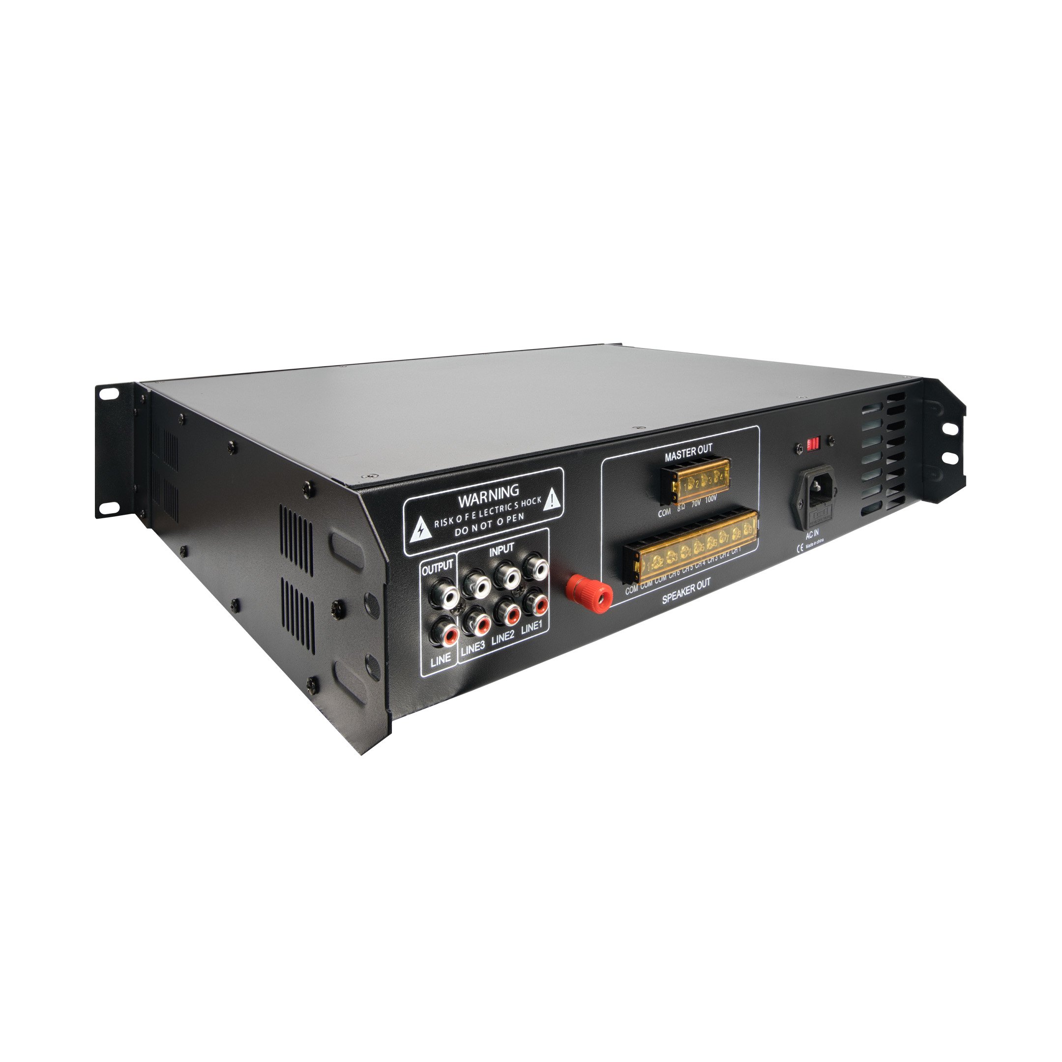 Back angle of the PA6X120 120W, 6-channel amplifier.