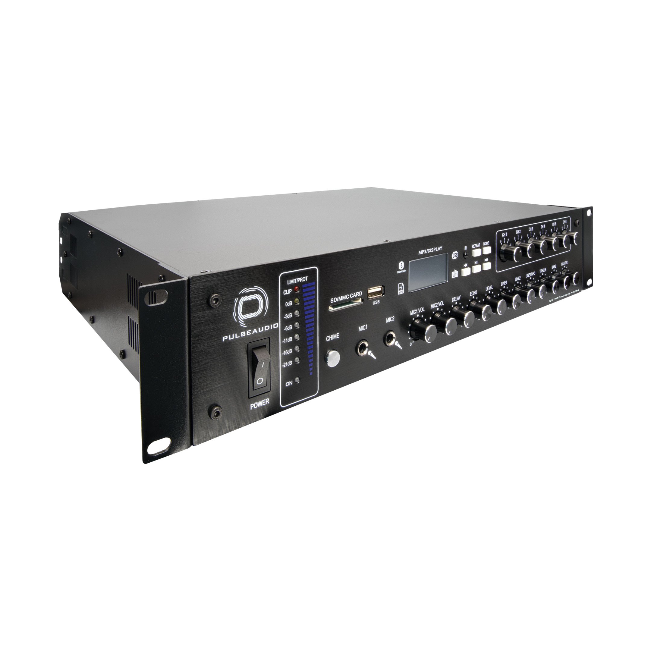 Front angle of the PA6X120 120W, 6-channel amplifier.