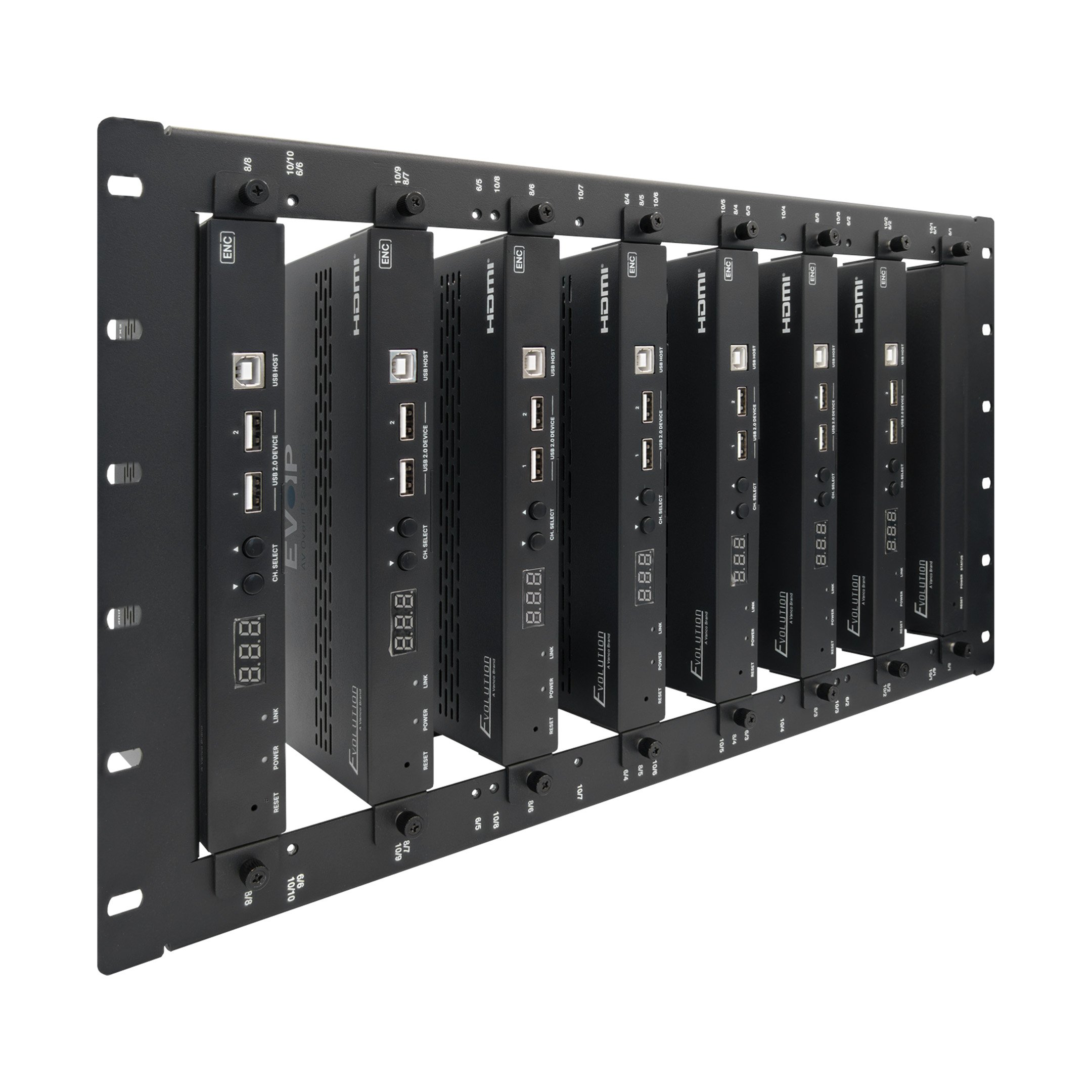 EVOIP2-6U-front-angle-units Front angle the EVOIP2-6U rack mount with units.